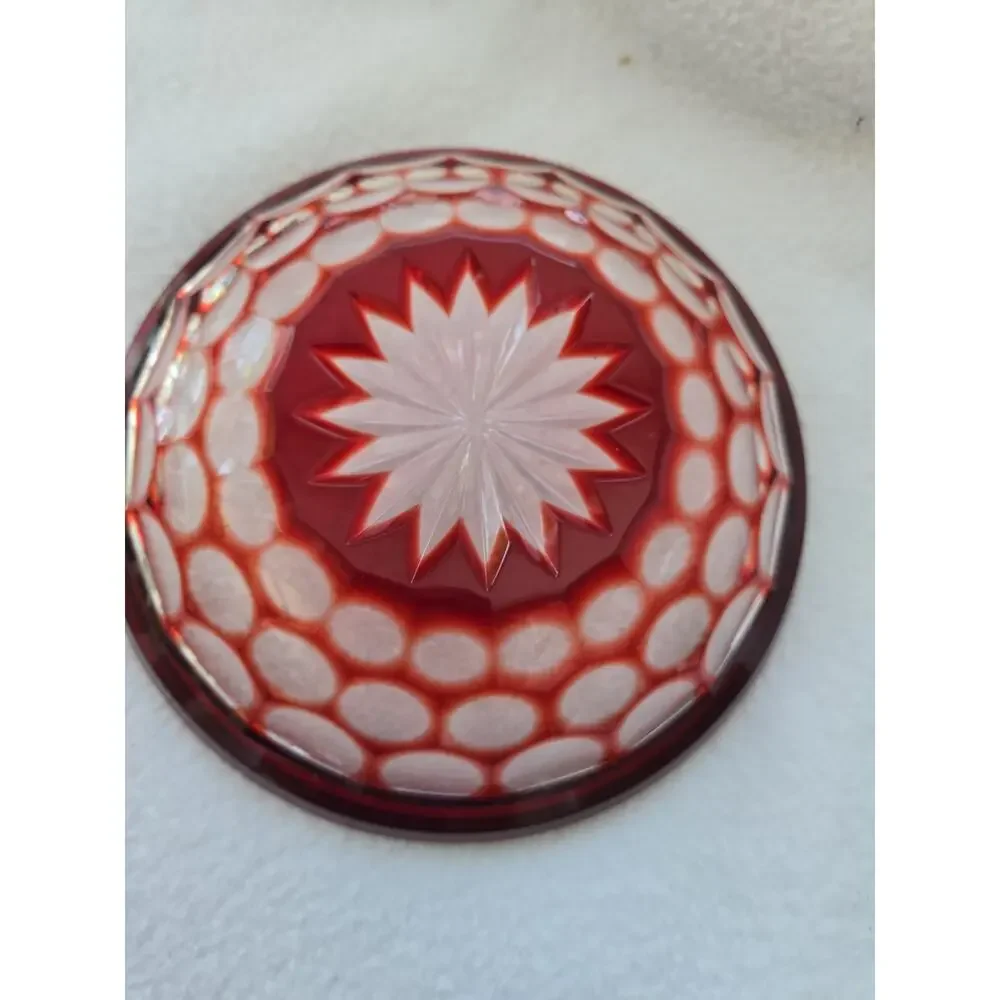 Bohemian Czech Ruby Flash Cut Glass Bowl Starburst Thumbprint 5.5